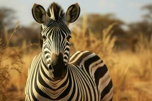 retrato do uma jovem zebra em pé contra uma verde arbusto, ai gerado foto