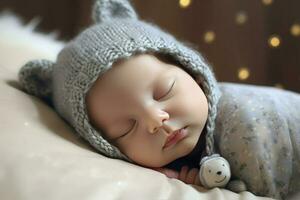 pequeno recém-nascido bebê Garoto dormindo dentro berço, ai gerado foto