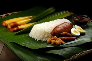 nasi lemak banana folha em de madeira mesa. gerar ai foto