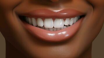americano africano mulher perfeito branco sorriso. dental saúde foto