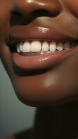 perfeito Branca de Neve sorrir americano africano mulher. odontologia conceito foto
