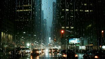 uma lotado cidade Visão através uma janela preenchidas com pingos de chuva. generativo ai foto