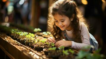 uma pequeno menina cuidadosamente cuidando para dela plantas.. generativo ai foto