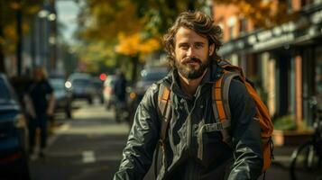 retrato do uma jovem homem com uma barba, vestindo uma cinzento jaqueta, ao ar livre.. generativo ai foto