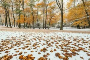 caído folhas dentro Nevado floresta parque. fundo. ai generativo pró foto