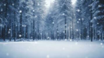 borrão pinho floresta branco neve queda fundo. festivo inverno sazonal Natal e Novo ano decoração conceito. generativo ai foto
