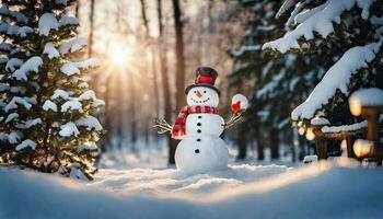 inverno feriado Natal fundo bandeira - fechar-se do fofa engraçado rindo boneco de neve com lã chapéu e lenço, em Nevado neve paisagem de neve com bokeh luzes, generativo ai foto