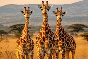 três girafas dentro serengeti nacional parque, Tanzânia, três girafas dentro serengeti nacional parque, Tanzânia, ai gerado foto