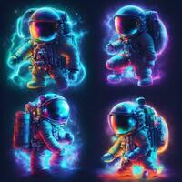 4 conjuntos do astronauta dentro espaço terno. em Sombrio com néon claro. foto