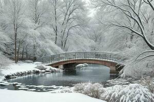 inverno às a jardim, mostrando uma ponte sobre congeladas água e árvores coberto com neve. fundo. ai generativo pró foto