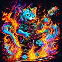 gato jogando elétrico guitarra dentro fogo chamas com néon claro. foto