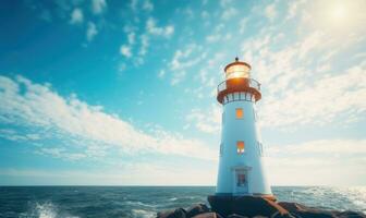 fechar acima do uma farol contra uma azul céu e mar ai gerado foto