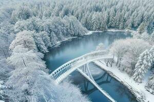 inverno às a jardim, mostrando uma ponte sobre congeladas água e árvores coberto com neve. fundo. ai generativo pró foto