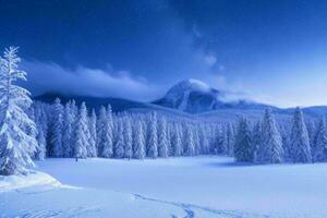 inverno com fresco neve coberto florestas e montanhas às noite. fundo. ai generativo pró foto
