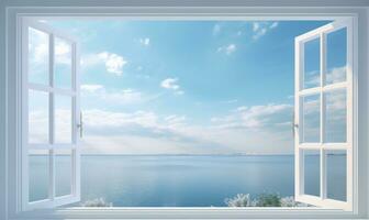 branco janela aberto com uma Visão do a mar ai gerado foto