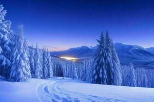 inverno com fresco neve coberto florestas e montanhas às noite. fundo. ai generativo pró foto