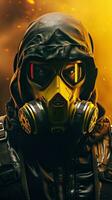 fantasia personagem vestindo gás mascarar com amarelo cyberpunk tema. generativo ai foto