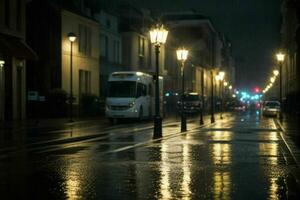 cidade rua às chuvoso noite estrada e luzes da rua às noite fundo. ai generativo pró foto