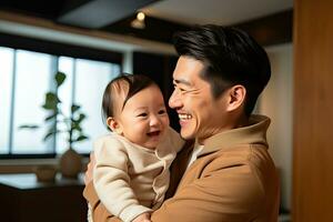 sorridente e feliz pai e filha gastos a final de semana dentro uma caloroso lar. generativo ai foto