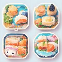 bento ou japonês almoço caixa, saudável Comida Entrega conceito. levar longe levar longe levar longe caixas com legumes e eu no. foto