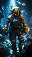 astronauta vestindo traje espacial caminhando dentro a caverna com azul claro. generativo ai foto