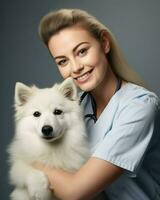 uma veterinário mulher segurando uma cachorro. generativo ai foto