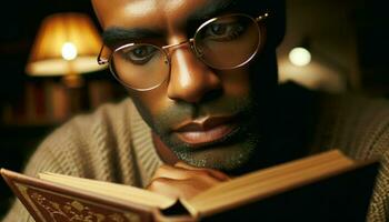 uma homem com óculos lendo uma livro.. generativo ai foto