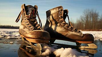 ai generativo uma par do vintage, retro gelo patins de uma congeladas lago dentro a neve foto