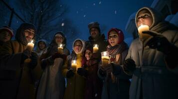 ai generativo pessoas, crianças e adultos do diferente etnia e cultura, cantando Natal canções de natal de noite com vela dentro seus mãos foto