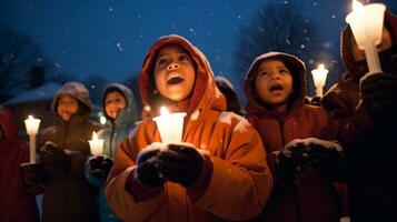 ai generativo pessoas, crianças e adultos do diferente etnia e cultura, cantando Natal canções de natal de noite com vela dentro seus mãos foto