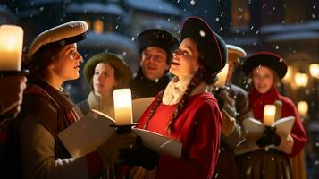 ai generativo pessoas, crianças e adultos do diferente etnia e cultura, cantando Natal canções de natal de noite com vela dentro seus mãos foto