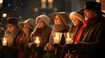 ai generativo pessoas, crianças e adultos do diferente etnia e cultura, cantando Natal canções de natal de noite com vela dentro seus mãos foto