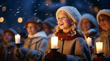 ai generativo pessoas, crianças e adultos do diferente etnia e cultura, cantando Natal canções de natal de noite com vela dentro seus mãos foto