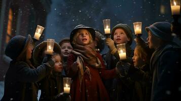 ai generativo pessoas, crianças e adultos do diferente etnia e cultura, cantando Natal canções de natal de noite com vela dentro seus mãos foto