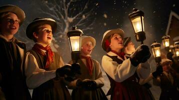 ai generativo pessoas, crianças e adultos do diferente etnia e cultura, cantando Natal canções de natal de noite com vela dentro seus mãos foto