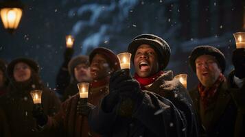 ai generativo pessoas, crianças e adultos do diferente etnia e cultura, cantando Natal canções de natal de noite com vela dentro seus mãos foto