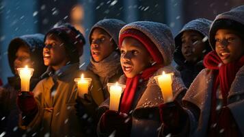 ai generativo pessoas, crianças e adultos do diferente etnia e cultura, cantando Natal canções de natal de noite com vela dentro seus mãos foto