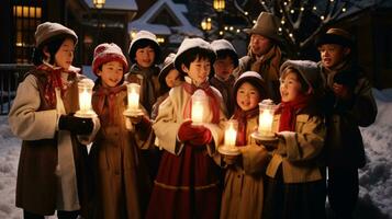 ai generativo pessoas, crianças e adultos do diferente etnia e cultura, cantando Natal canções de natal de noite com vela dentro seus mãos foto