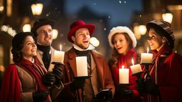 ai generativo pessoas, crianças e adultos do diferente etnia e cultura, cantando Natal canções de natal de noite com vela dentro seus mãos foto