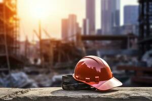 amarelo capacete em aço dentro construção local ai generativo foto