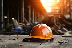 amarelo capacete em aço dentro construção local ai generativo foto