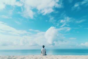 uma homem em a localização em a calma de praia ai generativo foto