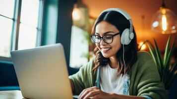 feliz mulher vestindo óculos e fones de ouvido enquanto estudando Aprendendo conectados curso ou trabalhando às casa ai gerado foto