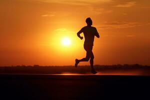 silhueta do uma jovem ginástica homem corrida em nascer do sol ai generativo foto