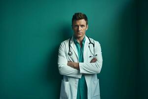 retrato do bonito homens médico contra verde fundo ai generativo foto