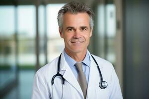 retrato do bonito homens médico trabalhando dentro moderno hospital ai generativo foto