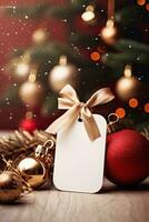Natal presente caixa com em branco tag brincar e borrão bokeh luz ai gerado foto
