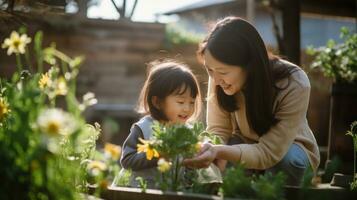 sorridente mãe e filha levar Cuidado do flores enquanto jardinagem às Fazenda ai gerado foto