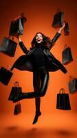 animado mulher pulando Alto com compras bolsas dentro Preto Sexta-feira em laranja fundo ai gerado foto