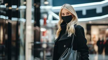 mulher dentro uma médico protetora face mascarar com Preto vestir segurando compras bolsas dentro a shopping center, coronavírus, Preto Sexta-feira conceito ai gerado foto